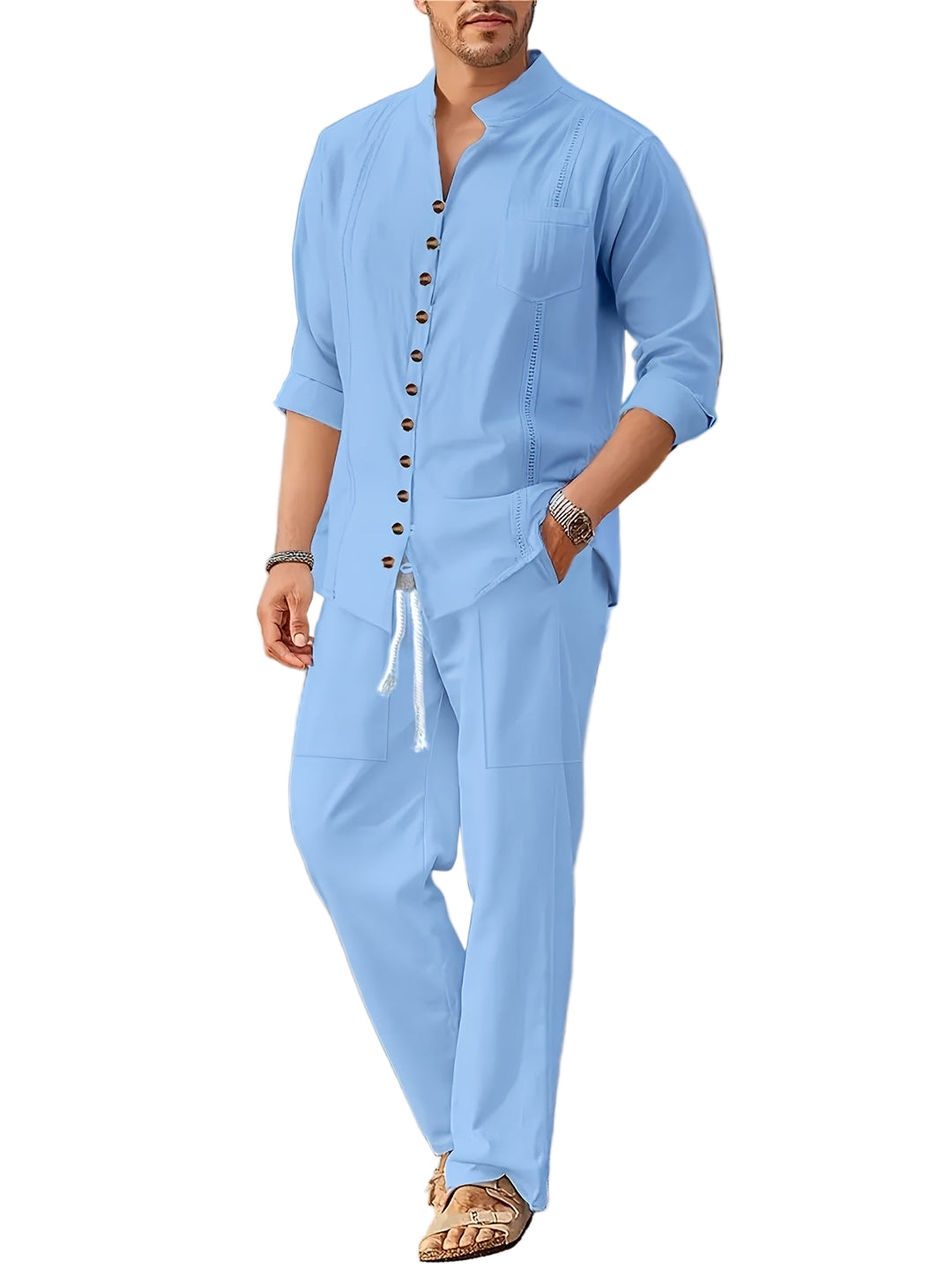 Ensemble de Plage pour Hommes - Chemise à Manches Longues et Pantalons à Cordon 0