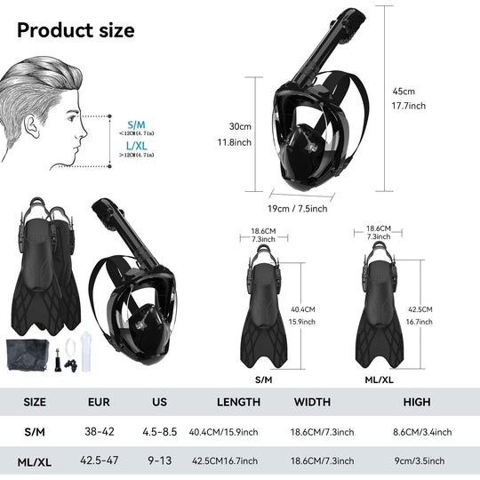 Ensemble de snorkeling pour homme avec masque intégral et palmes flexibles 2