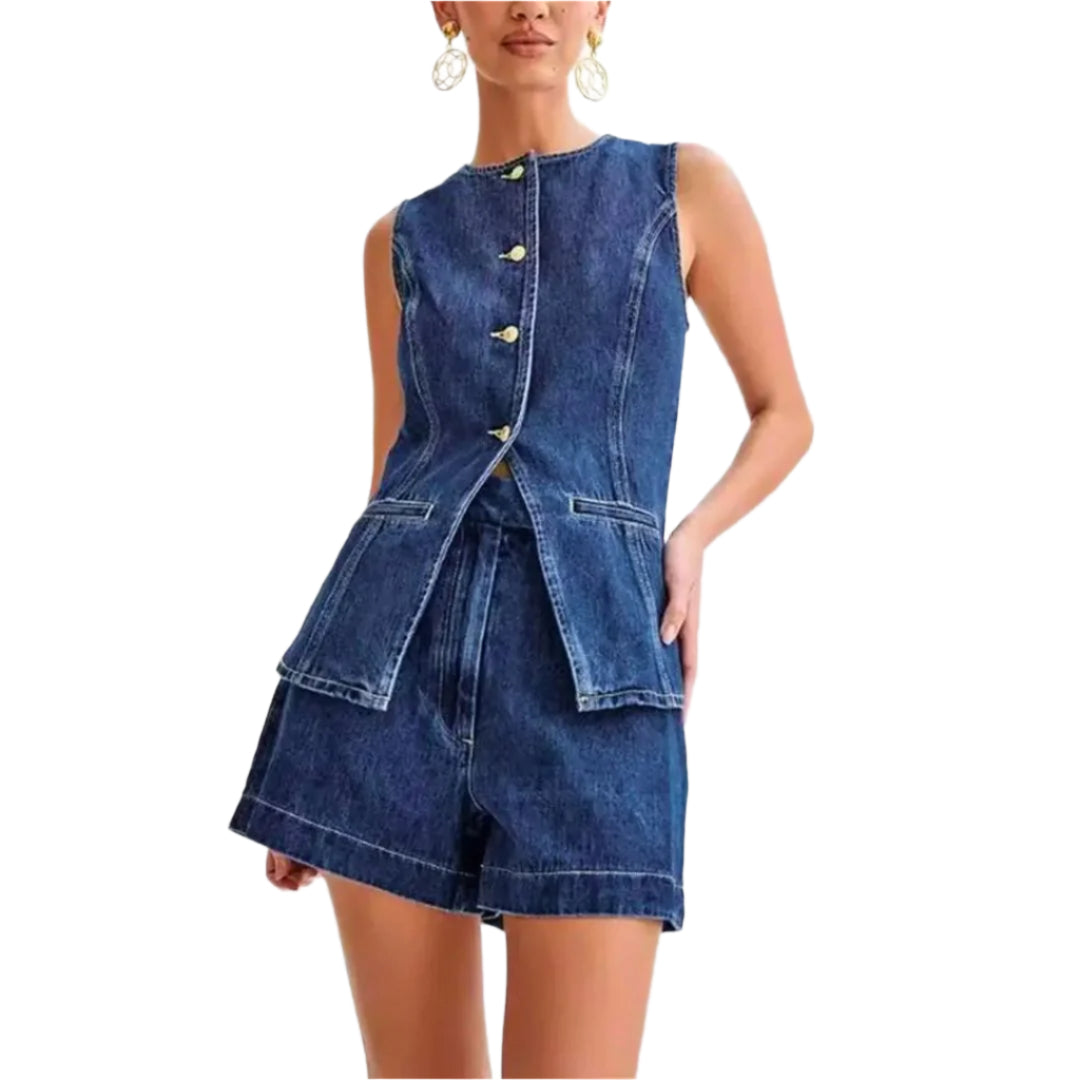 Ensemble en Denim Femme Haut Sans Manches et Short Taille Haute 0