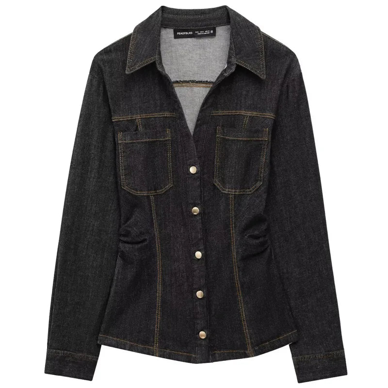 Ensemble en Denim Noir pour Femme avec Chemise à Manches Longues et Pantalon Évasé 0