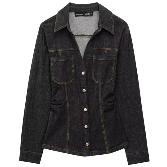 Ensemble en Denim Noir pour Femme avec Chemise à Manches Longues et Pantalon Évasé 0