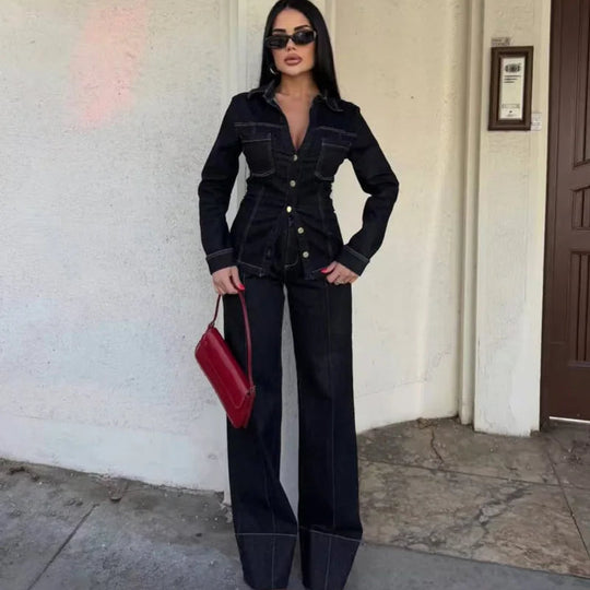 Ensemble en Denim Noir pour Femme avec Chemise à Manches Longues et Pantalon Évasé 1