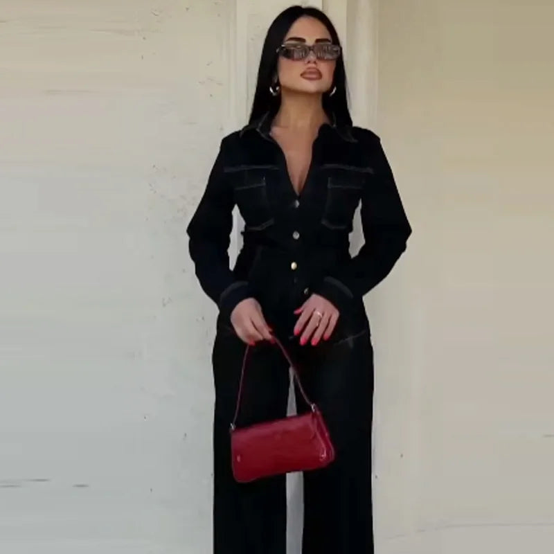 Ensemble en Denim Noir pour Femme avec Chemise à Manches Longues et Pantalon Évasé 4
