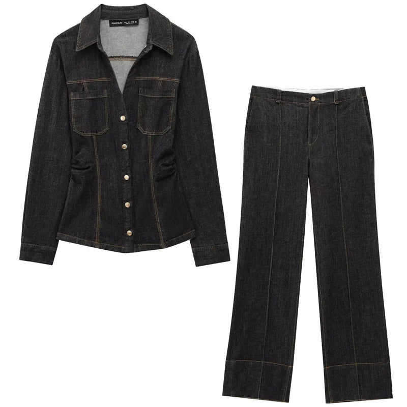 Ensemble en Denim Noir pour Femme avec Chemise à Manches Longues et Pantalon Évasé 5