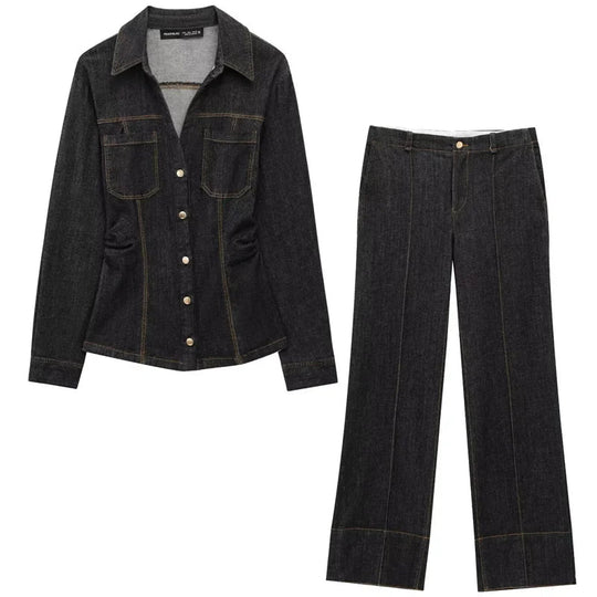 Ensemble en Denim Noir pour Femme avec Chemise à Manches Longues et Pantalon Évasé 5