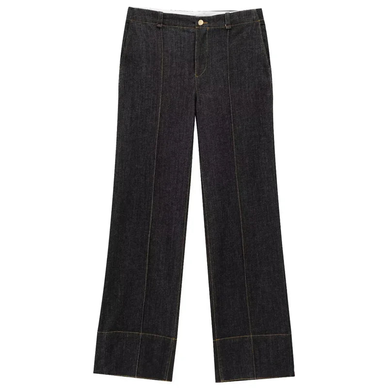Ensemble en Denim Noir pour Femme avec Chemise à Manches Longues et Pantalon Évasé 6