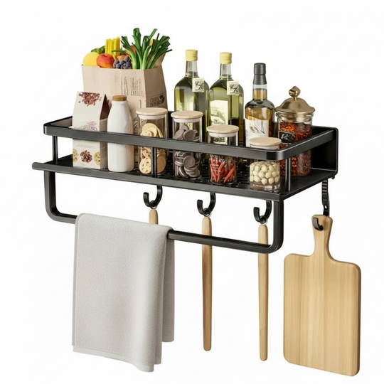 Étagère Murale Cuisine Moderne Avec Crochets Pour Ustensiles Et Rangement Épices 0