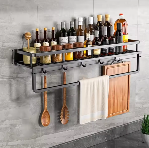 Étagère Murale Cuisine Moderne Avec Crochets Pour Ustensiles Et Rangement Épices 1