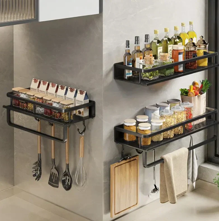 Étagère Murale Cuisine Moderne Avec Crochets Pour Ustensiles Et Rangement Épices 2