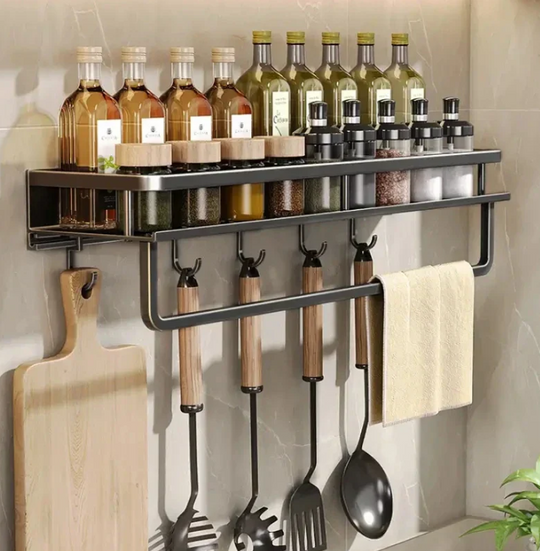 Étagère Murale Cuisine Moderne Avec Crochets Pour Ustensiles Et Rangement Épices 3