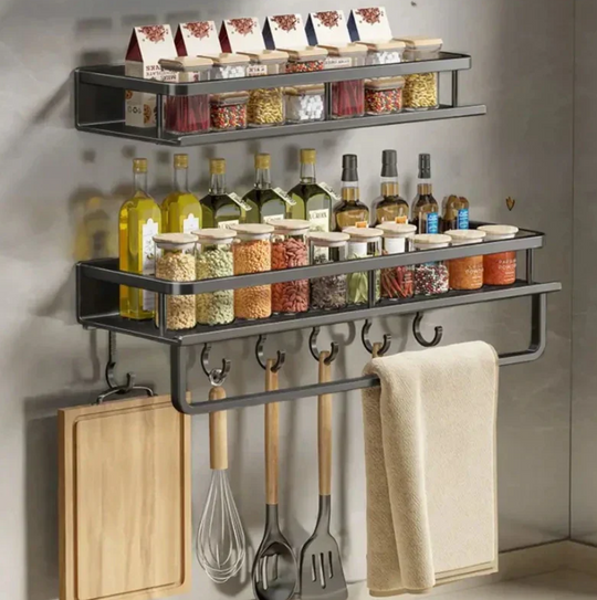 Étagère Murale Cuisine Moderne Avec Crochets Pour Ustensiles Et Rangement Épices 4