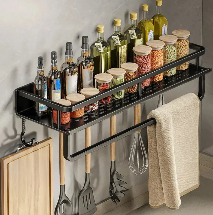 Étagère Murale Cuisine Moderne Avec Crochets Pour Ustensiles Et Rangement Épices 5
