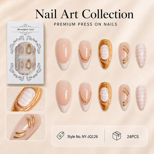 Faux Ongles Artificiels pour Femme Style Artistique avec Accents Dorés 1