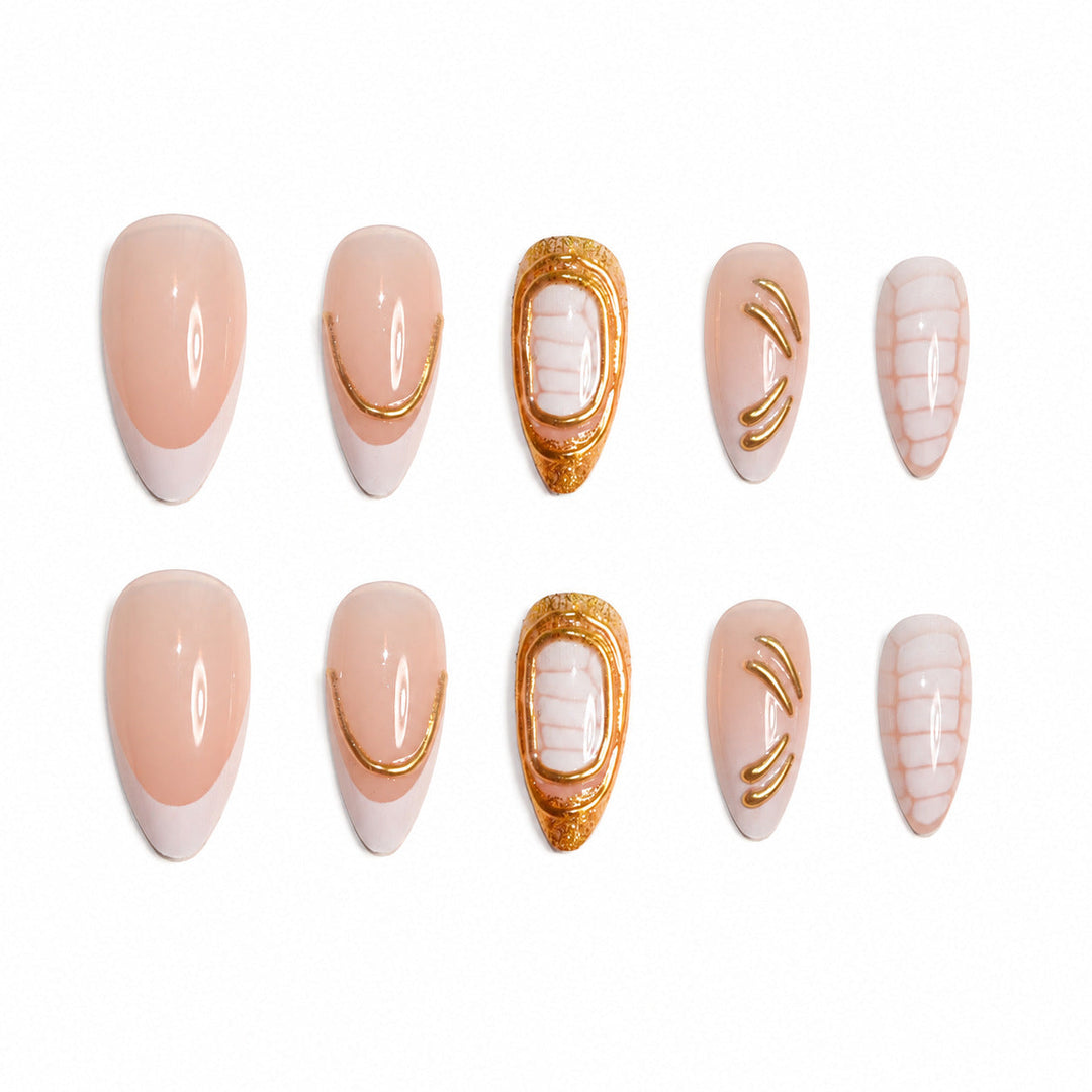Faux Ongles Artificiels pour Femme Style Artistique avec Accents Dorés 3