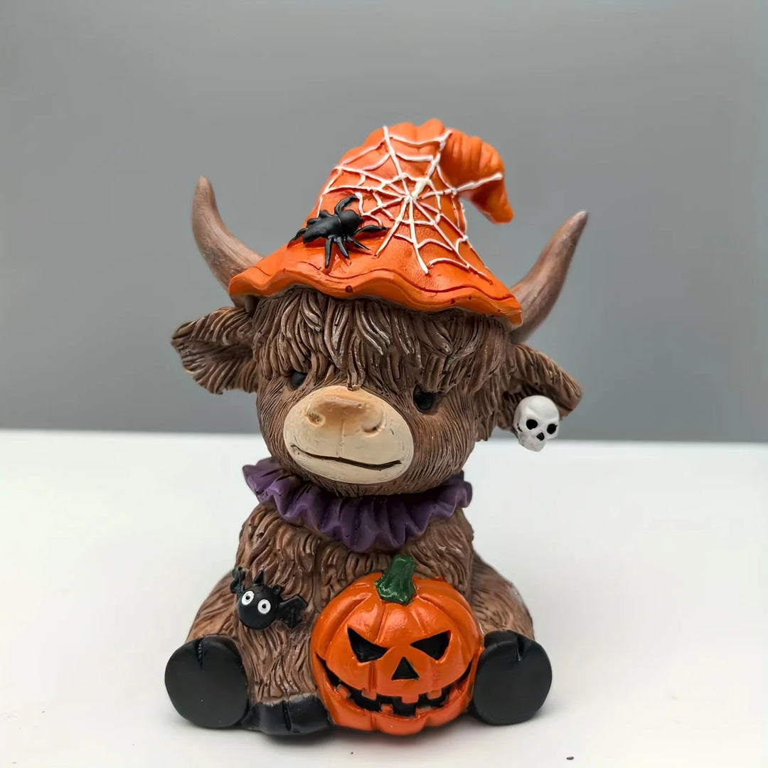 Figurine Décorative Vache Highland Automnale avec Chapeau et Citrouille 0