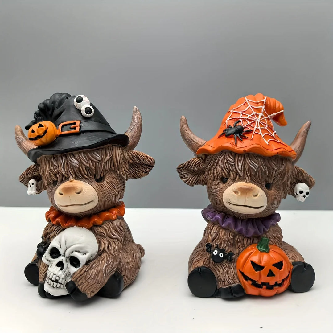 Figurine Décorative Vache Highland Automnale avec Chapeau et Citrouille 2