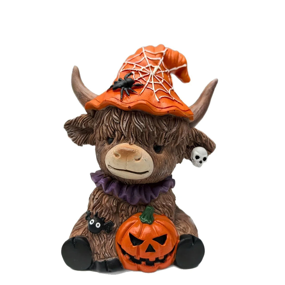 Figurine Décorative Vache Highland Automnale avec Chapeau et Citrouille 5