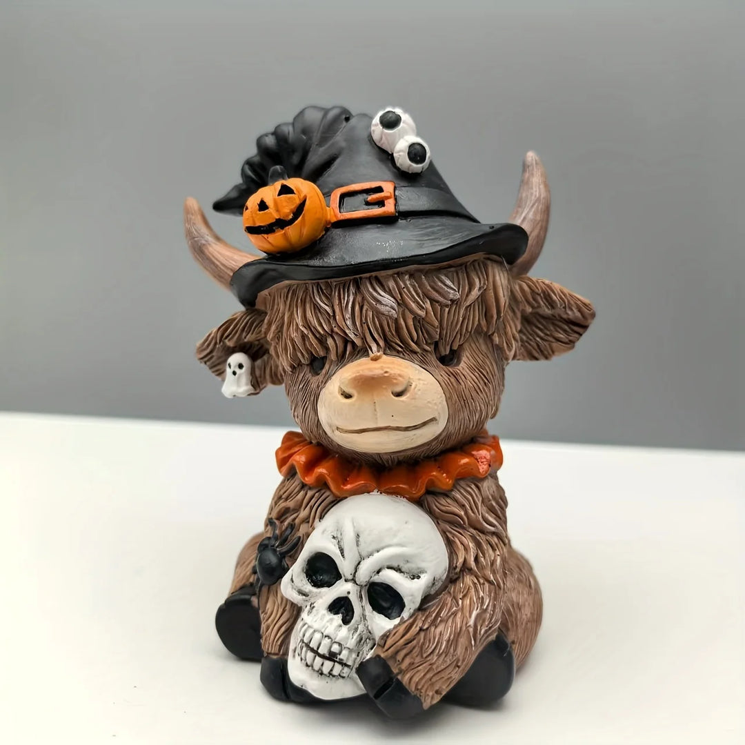 Figurine Décorative Vache Highland Automnale avec Chapeau et Citrouille 6