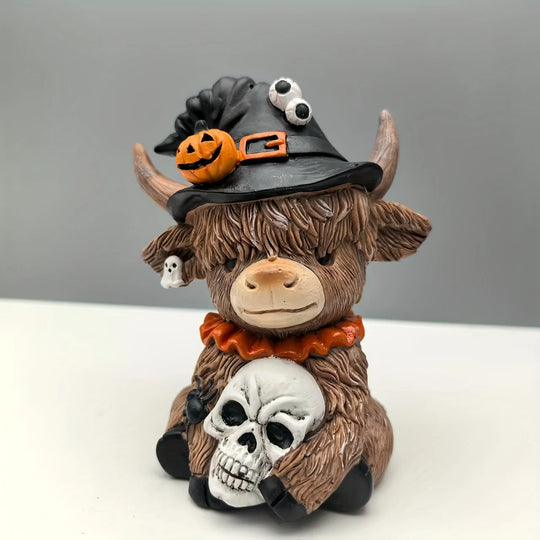 Figurine Décorative Vache Highland Automnale avec Chapeau et Citrouille 6