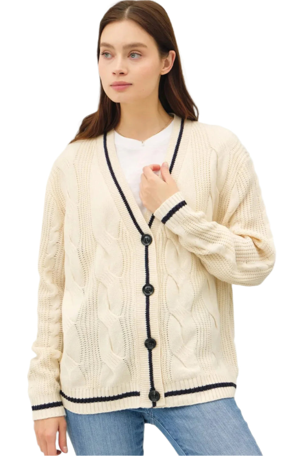 Gilet Femme V-Neck en Tricot à Câble avec Détails Contrastants 0