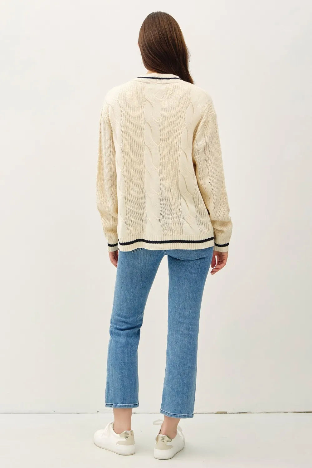 Gilet Femme V-Neck en Tricot à Câble avec Détails Contrastants 1