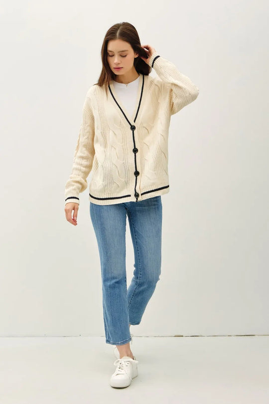 Gilet Femme V-Neck en Tricot à Câble avec Détails Contrastants 3