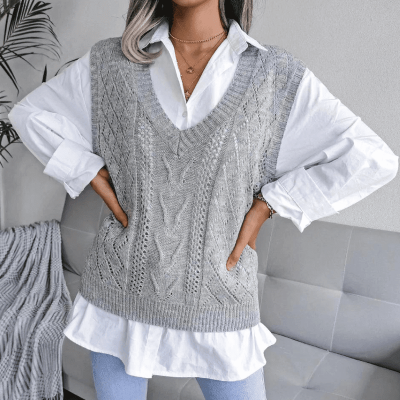 Gilet Sans Manche Femme Tricoté Col en V Fibres Acryliques 1