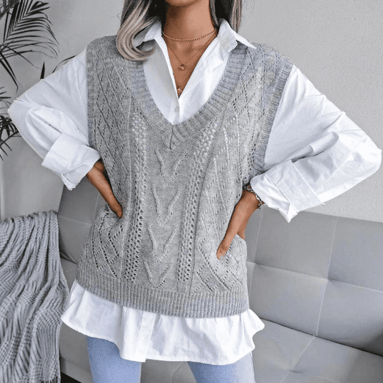 Gilet Sans Manche Femme Tricoté Col en V Fibres Acryliques 1