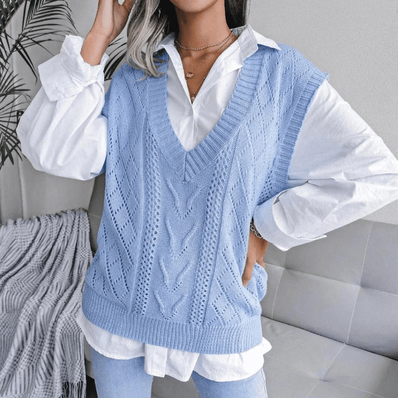 Gilet Sans Manche Femme Tricoté Col en V Fibres Acryliques 4
