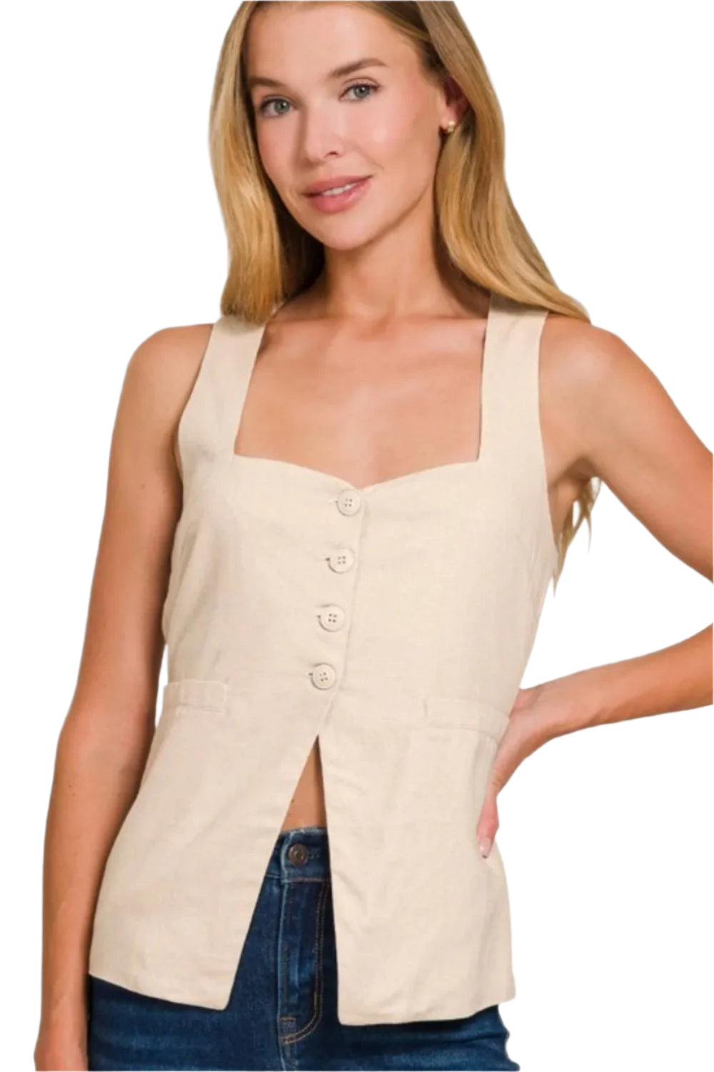 Gilet Sans Manches Femme Lin Dos Noué 4 Boutons 0