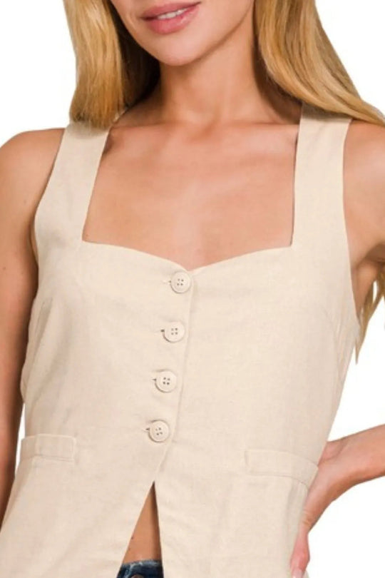 Gilet Sans Manches Femme Lin Dos Noué 4 Boutons 1
