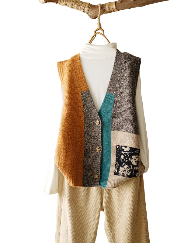 Gilet de plage en tricot patchwork à col en V pour femmes 0