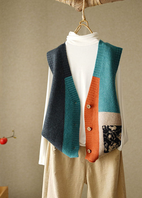 Gilet de plage en tricot patchwork à col en V pour femmes 1