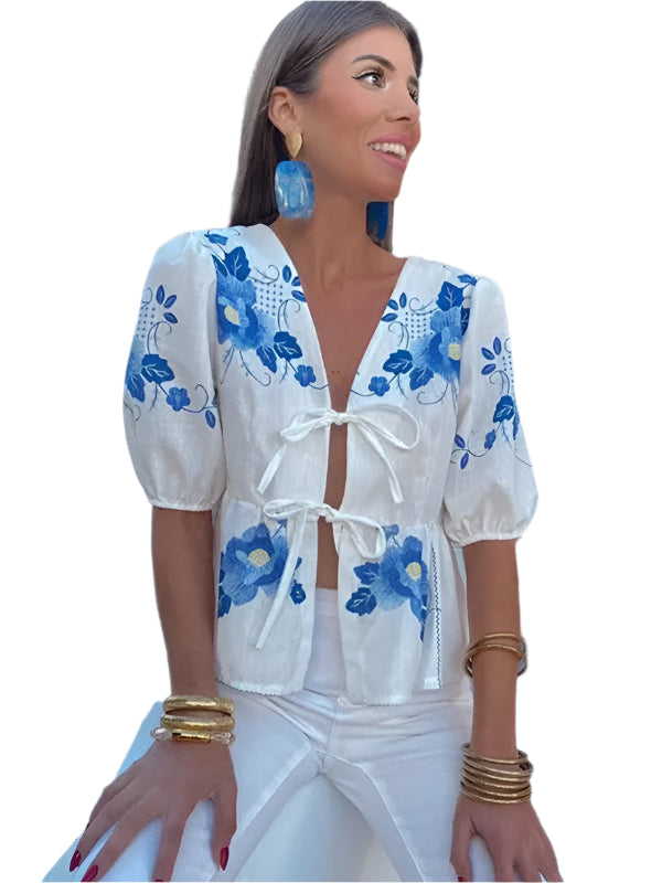 Haut Court Femme Imprimé Floral Manches Courtes Lin Polyester 0