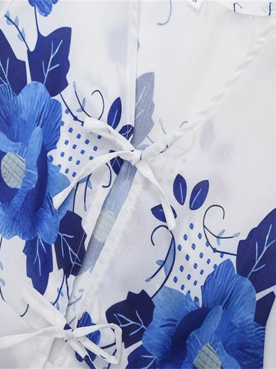 Haut Court Femme Imprimé Floral Manches Courtes Lin Polyester 3
