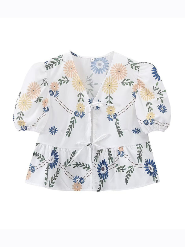 Haut Court Femme Imprimé Floral Manches Courtes Lin Polyester 5