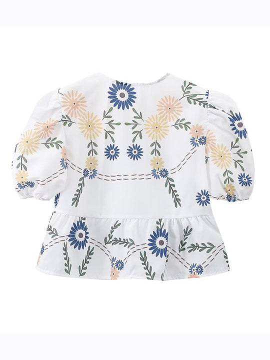 Haut Court Femme Imprimé Floral Manches Courtes Lin Polyester 6
