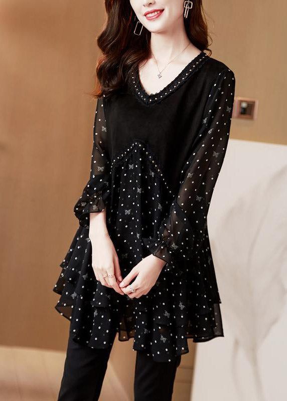 Haut Femme Noir à Col en V avec Design Patchwork 1