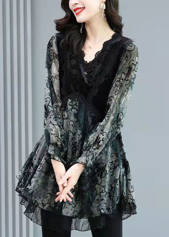 Haut Femme à Manches Longues en Velours Noir avec Col en V 0