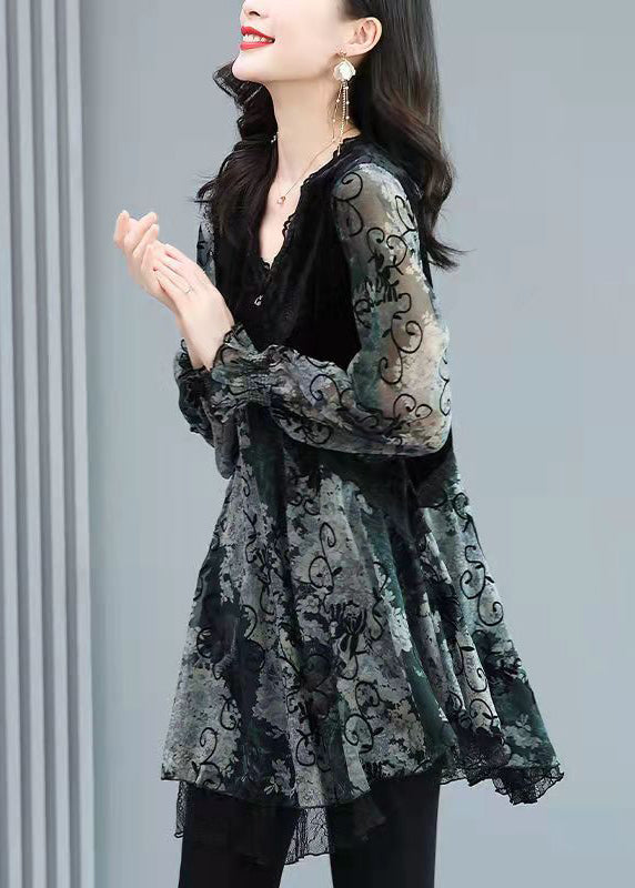 Haut Femme à Manches Longues en Velours Noir avec Col en V 3