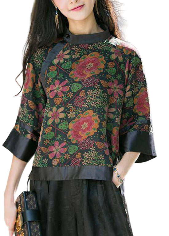 Haut Montant Noir à Boutons Imprimés pour Femme 0