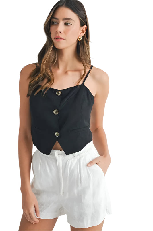 Haut à Bretelles en Lin Mélangé pour Femme avec Détails Boutonnés 0