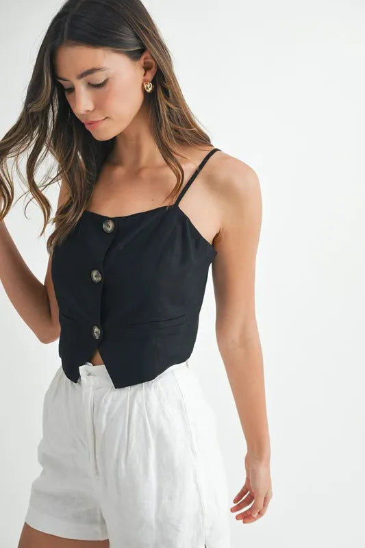 Haut à Bretelles en Lin Mélangé pour Femme avec Détails Boutonnés 3