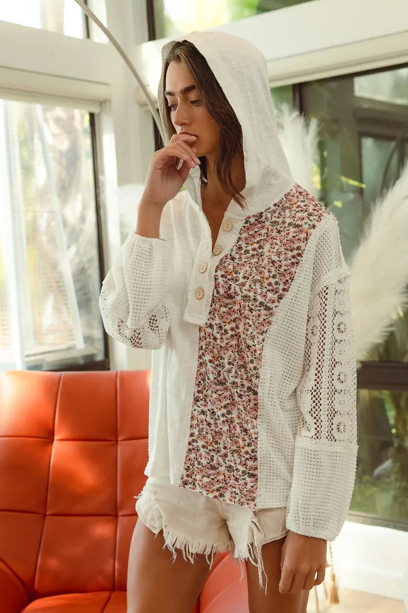 Haut à Capuche Femme Jersey Slub Détails en Dentelle 4
