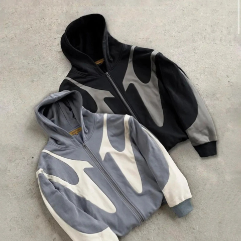 Homme Sweat Zippé Capuche Urbain avec Design Patchwork 1