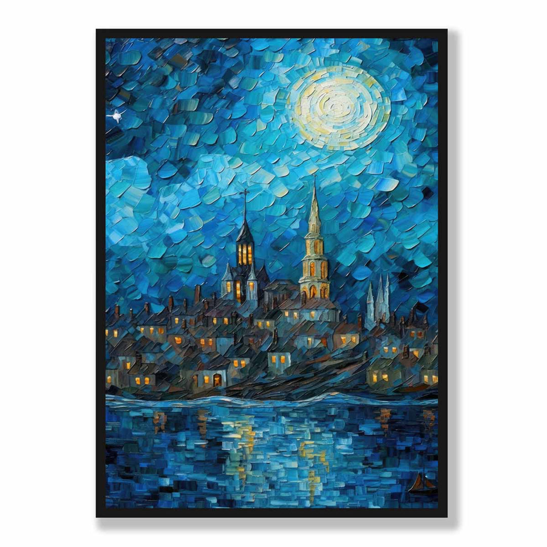 Impression D'Art Ville Au Bord Du Lac Nocturne Décoratif 5
