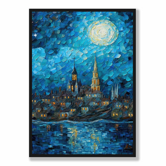 Impression D'Art Ville Au Bord Du Lac Nocturne Décoratif 5