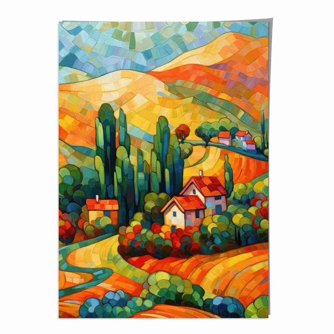 Impression d'Art Abstrait Paysage Coloré avec Maison 0