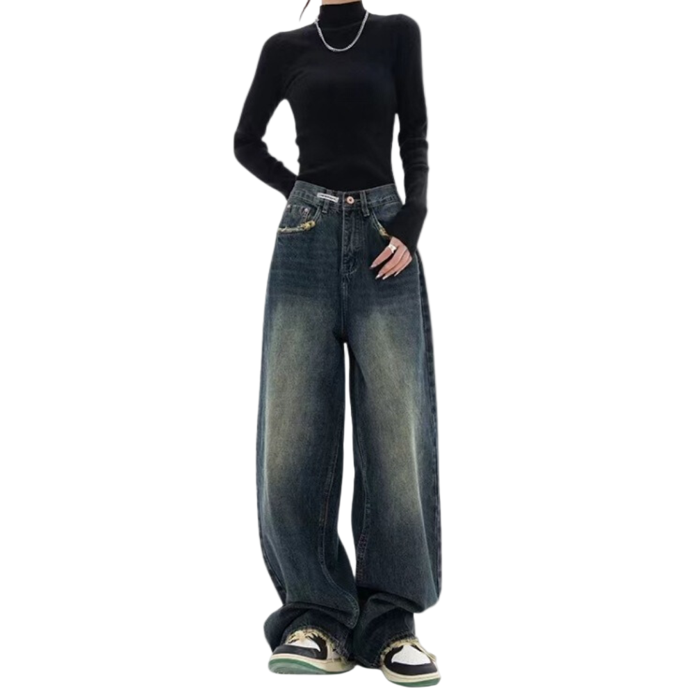 Jean Femme Baggy Décontracté avec Détails Effilochés et Taille Ajustable 0