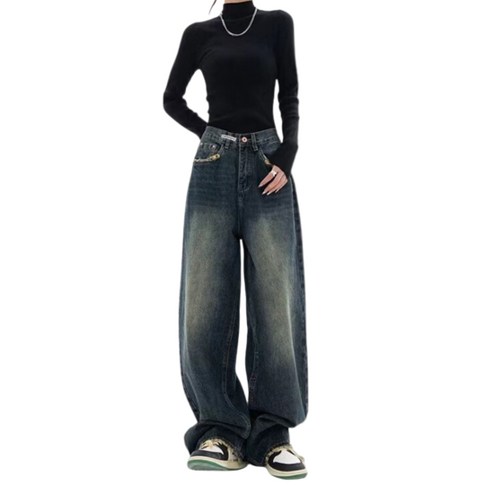 Jean Femme Baggy Décontracté avec Détails Effilochés et Taille Ajustable 0